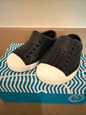 Native Shoes Black Slip-On Water Shoes with White Toe Cap